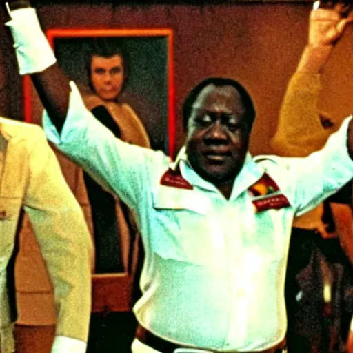 Image similar to A movie still of Idi Amin dancing in Satuday Night Fever