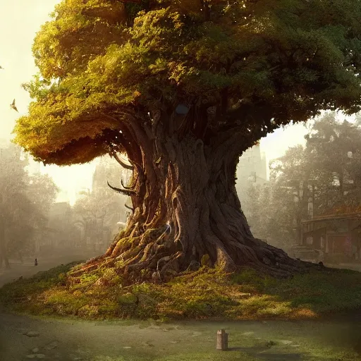 Prompt: a tree with a wide trunk a house in the center of the tree, planted in the middle of a city with high details, digital art, artstation, cinematografi, greg rutkowski