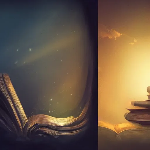 Image similar to light falling on a mythical book in dark background, dark color scheme, artstation