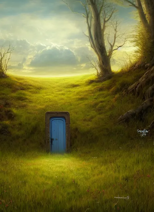 Image similar to a painting of an open door in the middle of a field, a detailed matte painting by the mazeking, featured on cgsociety, fantasy art, matte painting, concept art, deviantart