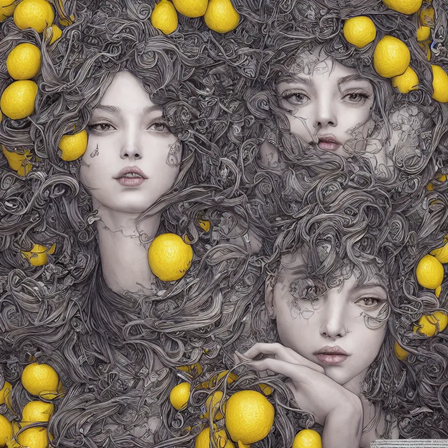 Image similar to the portrait of an absurdly beautiful, graceful, elegant, sophisticated, young woman made of lemons, an ultrafine hyperdetailed illustration by kim jung gi, irakli nadar, intricate linework, bright colors, octopath traveler, final fantasy, unreal engine 5 highly rendered, global illumination, radiant light, detailed and intricate environment