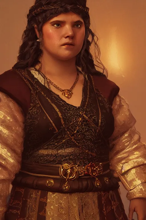 Prompt: Portrait | chubby female dwarven noblewoman | elaborated brocade dress | complex adorned braided hair | style by greg rutkowski, wayne reynolds, giotto dramatic light | high detail | cinematic lighting | artstation | Regal and Proud robust woman| bold serious expression | dungeons and dragons |