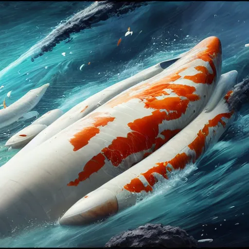 Image similar to subsurface scattering, white, giant submarine, koi colors, koi less, octane render, jesper ejsing, justin gerard, james jean, tomasz alen kopera, cgsociety, fenghua zhong, makoto shinkai, highly detailed, rim light, art, cinematic lighting, very coherent, hyper realism, 8 k