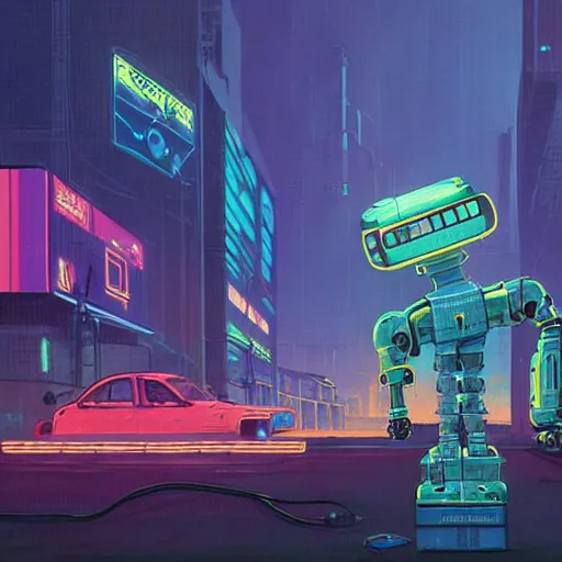 Image similar to a broad-shouldered, heavy construction robot reaching down to pet a kitten, in a neon-lit cyberpunk city, by Simon Stålenhag and James Gurney