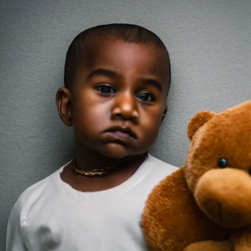 Image similar to cinematic photograph of a baby version of Kanye West with a anthropomorphic teddy bear, close up, portrait, album cover, shallow depth of field, 40mm lens, gritty, textures