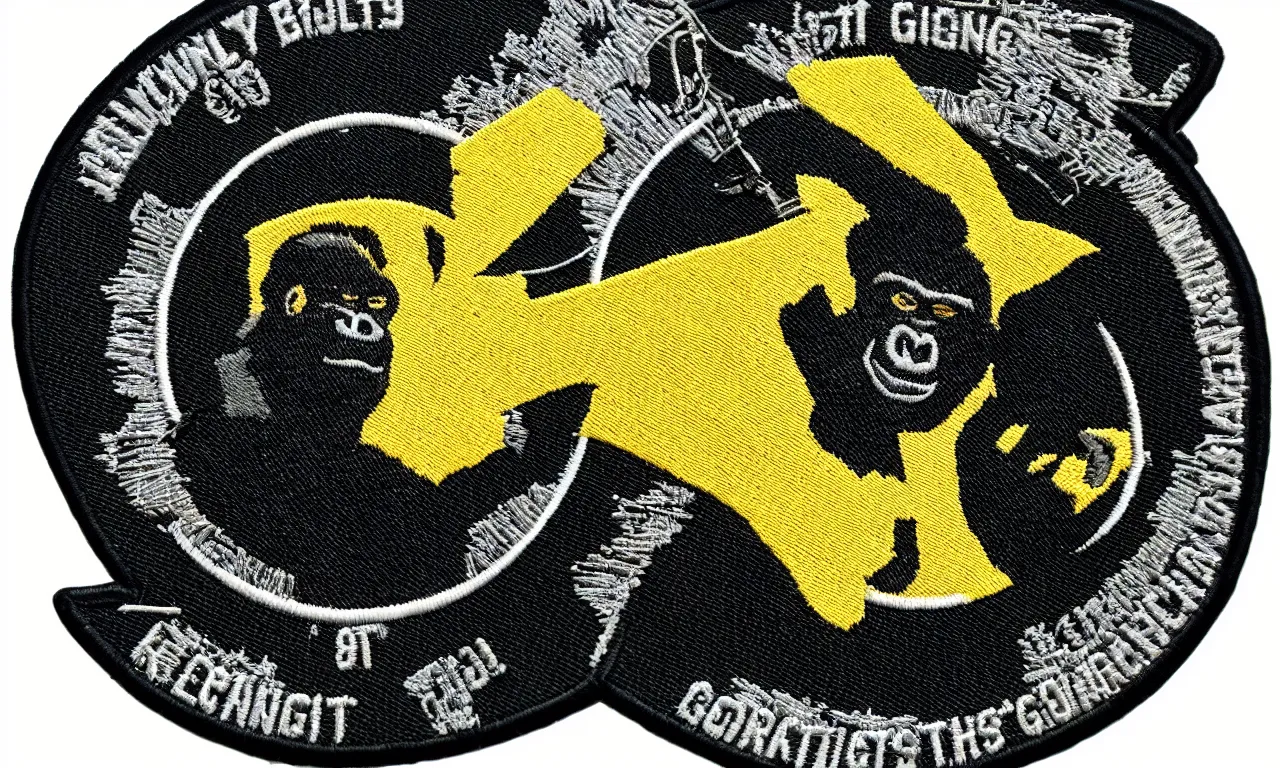 Image similar to a gorilla breaking lighting bolts. round, circular embroidered us radar corps patch 8 k /