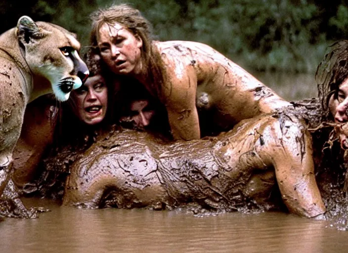 Image similar to four cavewomen mud wrestling a mountain lion, movie still photograph taken by richard kern, from the movie clan of the cave bear, 8 k, realistic