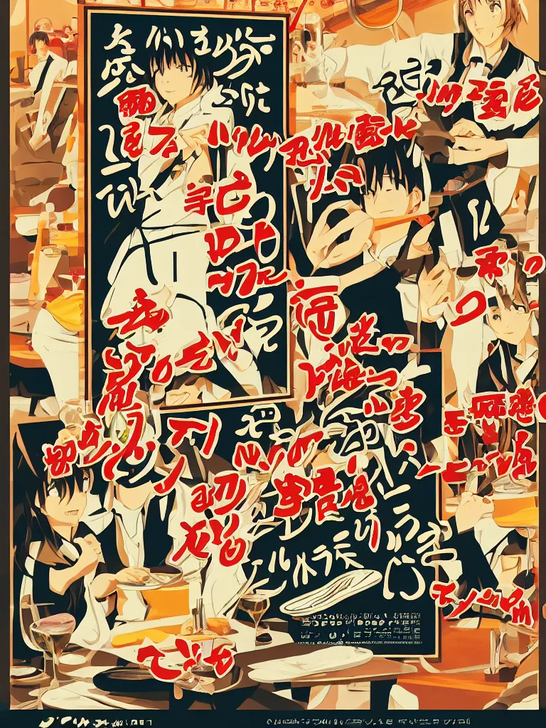 Prompt: poster advertisement for a restaurant, japanese anime graphics illustration, stylish typography