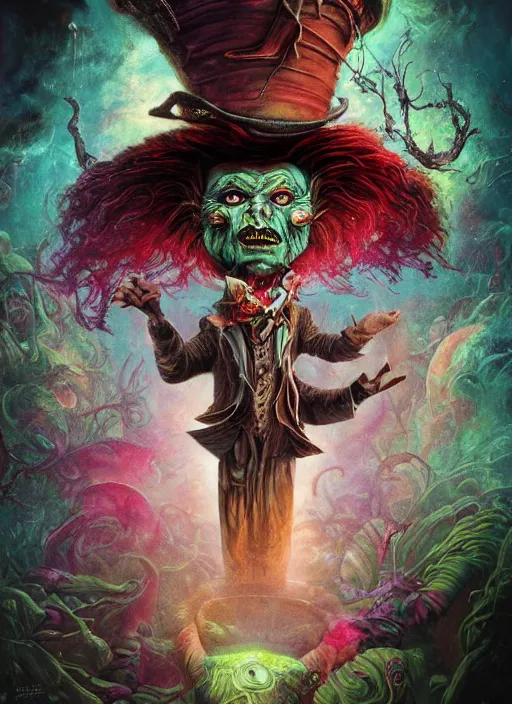 Image similar to mad hatter, mayan god, alien, highly detailed, cinematic, 8 k, by megan duncanson, benjamin lacombe, adrian borda, stanley artgermm, tom bagshaw, craig mullins, carne griffiths, ayami kojima, beksinski, giger, trending on deviantart, hyper detailed, horror, full of colour