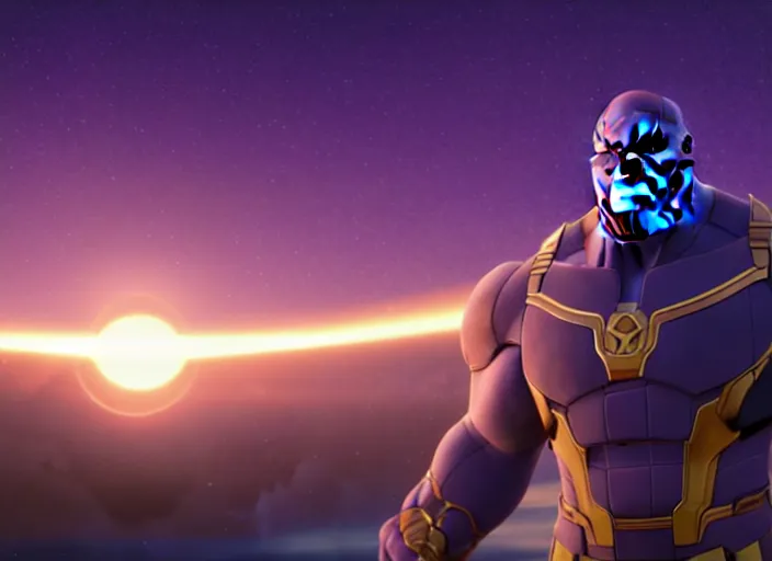 Prompt: a wholesome animation key shot of thanos, studio ghibli, pixar and disney animation, sharp, rendered in unreal engine 5, clear sky, anime key art by greg rutkowski, bloom, dramatic lighting