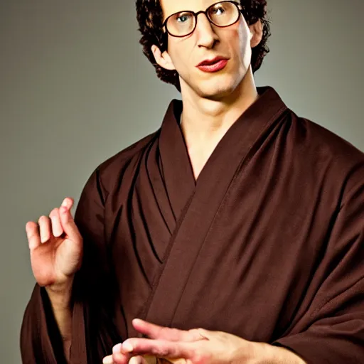 Image similar to perfect shot of detailed face and realistic eyes of andy samberg as an ascetic monk meditating