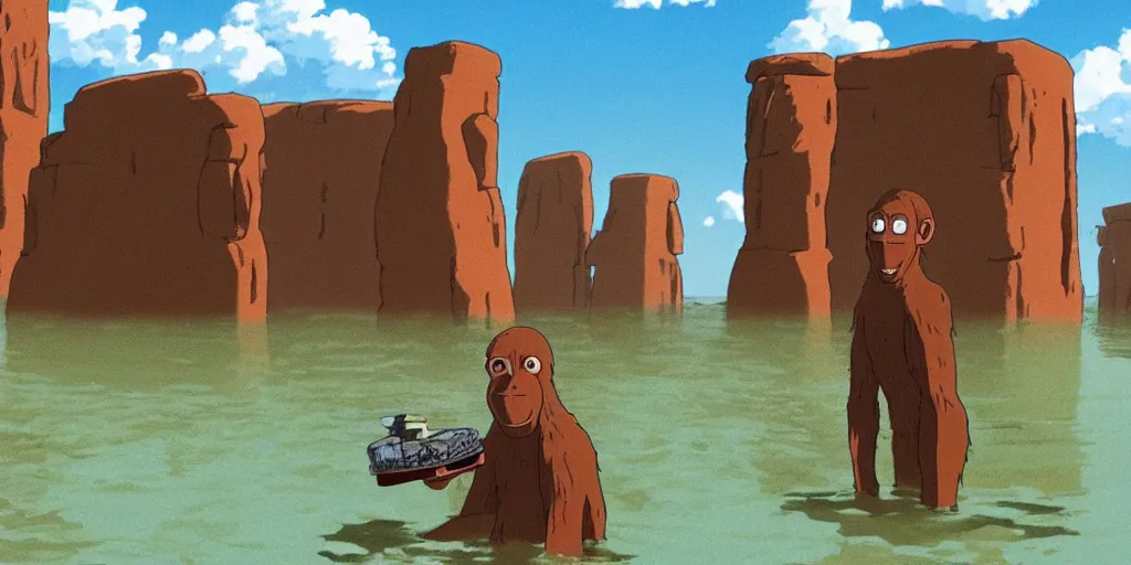 Image similar to a realistic cell - shaded studio ghibli concept art from paprika ( 2 0 0 6 ) of a hairless ape from close encounters of the third kind ( 1 9 7 7 ) in a flooded monument valley stonehenge. very dull colors, wide shot, hd, 4 k, hq