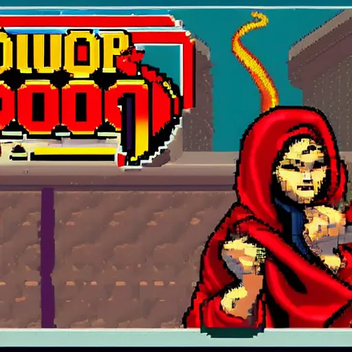 Image similar to portrait of babushka in double dragon video game splash screen