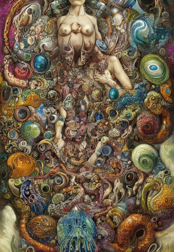 Prompt: simplicity, colorful muscular eldritch mollusks and bodies radiating town fractal, mandala white bones, colorful gems, by h. r. giger and esao andrews and maria sibylla merian eugene delacroix, gustave dore, thomas moran, pop art, chiaroscuro, biopunk, art nouveau