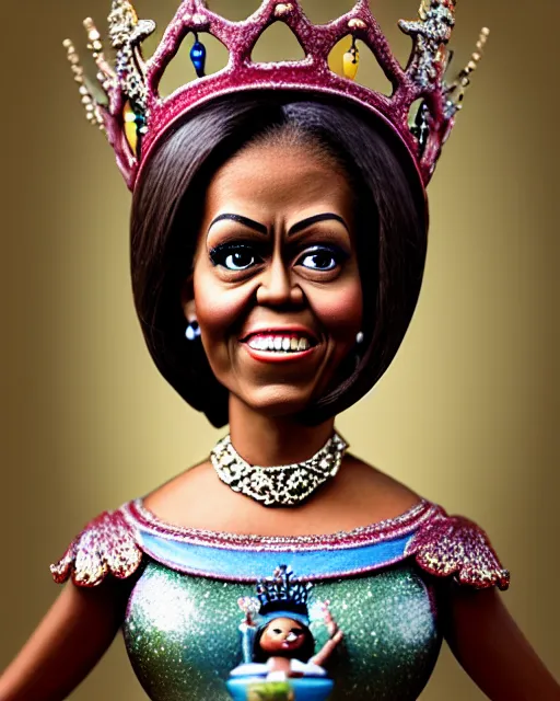 Image similar to closeup profile portrait of a tin toy michelle obama as a fairytale princess wearing a crown and sitting on a throne, bikini, hyper realistic, artstation, illustration, concept art by nicoletta ceccoli, mark ryden, lostfish, max fleischer, digital paint, matte paint, vivid colors, bright, cheerful, detailed and intricate environment