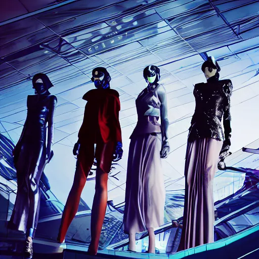 Prompt: composition of six tall women futuristic fashion cyberpunk macro