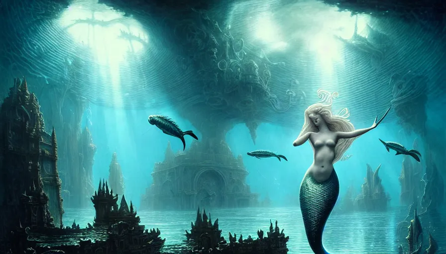 Image similar to a graceful mermaid looking at the sunken city of Atlantis under water, rays of sunlight, stunning undersea intricate detailed grand architecture in the style of Joe Fenton, art style by Greg Rutkowski and Mohrbacher, deep underwater scene, dark and moody, faint volumetric god rays, grim crushing atmosphere, trending on artstation, masterpiece, claustrophobic