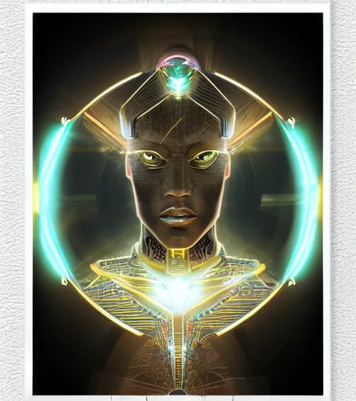 Image similar to symmetry!! egyptian prince of technology, solid cube of light, hard edges, product render retro - futuristic poster scifi, lasers and neon circuits, brown skin man egyptian prince, intricate, elegant, highly detailed, digital painting, artstation, concept art, smooth, sharp focus, illustration, dreamlike, art by artgerm