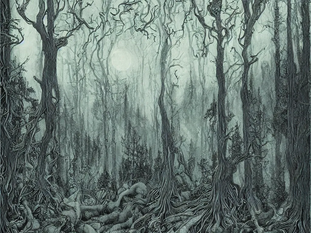 Image similar to dense forest, artstation, by aubrey beardsley, by caspar david friedrich, by laurie lipton, by kay nielsen, by ivan shishkin, calligraphy, divine, paradox, mycelium, gnarly trees, terrifying, witchcraft!, hope, moon, mountains in background