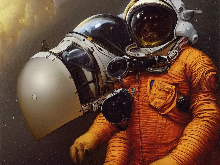 Image similar to a detailed profile oil painting of pilot in a spacesuit with reflective visor, flight suit, portrait symmetrical and science fiction theme with aurora lighting by beksinski carl spitzweg and tuomas korpi. baroque elements, full-length view. baroque element. intricate artwork by caravaggio. Trending on artstation. 8k