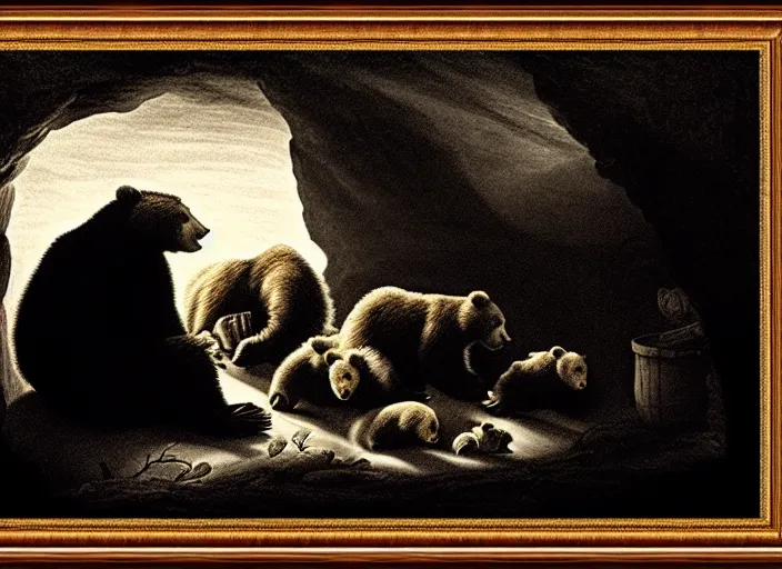 Prompt: Pieter Claesz's 'a bear and her cubs sleeping in a dark cave, lit by hole in roof', night time, cross hatching, backlit, beautiful wooden frame, monochrome, colours of the sunset