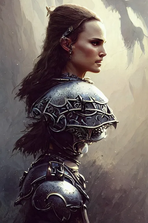 Image similar to natalie portman, legendary warrior, heroic, lord of the rings, tattoos, decorative ornaments, battle armor, by carl spitzweg, ismail inceoglu, vdragan bibin, hans thoma, greg rutkowski, alexandros pyromallis, perfect face, fine details, realistic shading photorealism