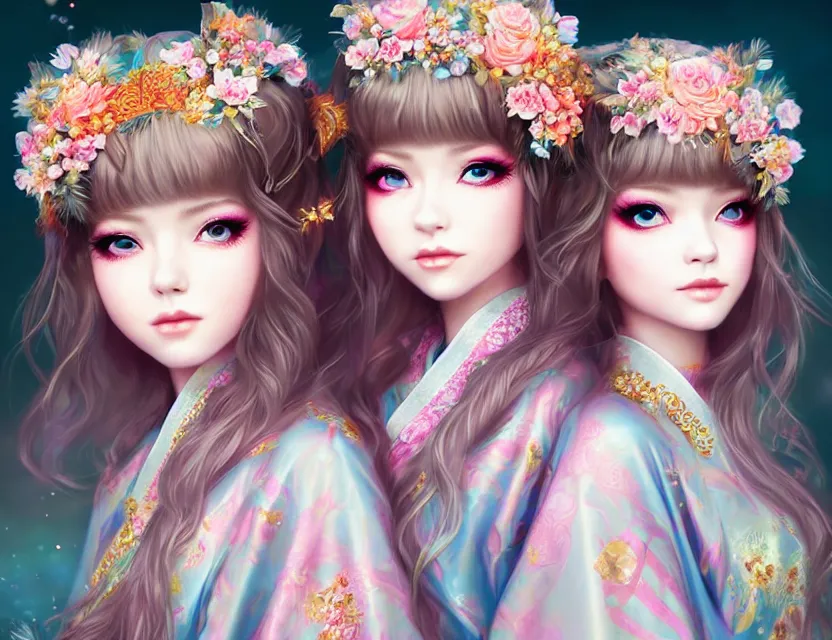 Image similar to two beautiful fashion siberian girls wear fantasy kimono in festival | | big eyes, sunny, dreamlike art, realistic shaded, smile, good looking, hyper details, 4 k realistic, cryengine, realistic shaded lighting poster by artgerm, ross tran, fuji choko, loish, 8 k resolution, trending on artstation, luxury