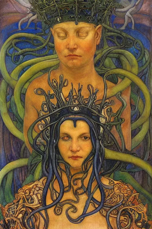 Image similar to the tentacle crown,by Annie Swynnerton and Diego Rivera and Elihu Vedder, symbolist, dramatic lighting, elaborate geometric ornament, Art Brut, bioluminescent, soft blues and greens,smooth, sharp focus, extremely detailed, Adolf Wölfli