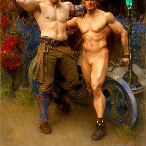 Image similar to attractive muscular arthur pendragon and muscular attractive merlin go to a pub together to have some drinks. highly detailed painting by gaston bussiere, craig mullins, j. c. leyendecker, alphonse mucha 8 k