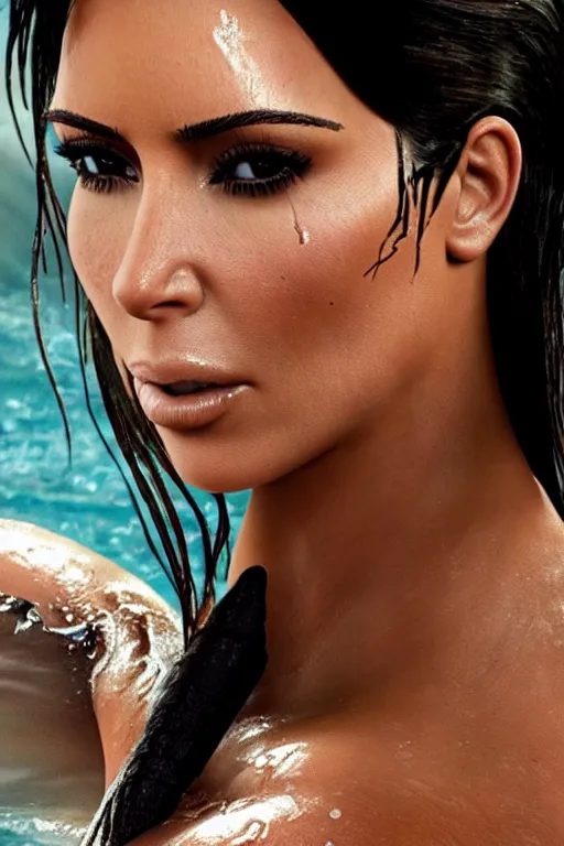 Image similar to a film still of kim kardashian as lara croft, close up face detail, muscular, wet body, model photography, wet dripping hair, emerging from the water