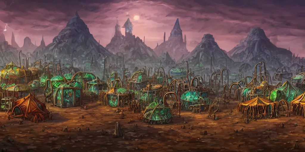 Prompt: colored merchant tents surrounded by chrome pyramids, rusted plants and vines, matte oil painting, retrofuturistic, science fantasy, mutant, lgbt, queer, rpg, epic, badlands, slime, sentient, dungeons & dragons, sacred, sharp focus, award - winning, extremely detailed, 4 k, 8 k