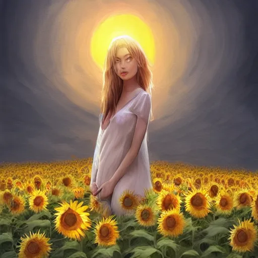 Image similar to Bedsheet Ghost in a field of sunflowers, sunset, highly detailed, digital painting, artstation, concept art, smooth, sharp focus, illustration, art by artgerm