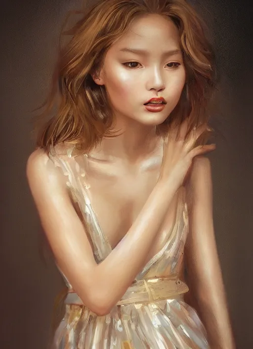 Prompt: girl portrait painting by WLOP, Andrei Riabovitchev, gold skin, transparent dress, highly detailed, harper's bazaar, vogue, magazine, concept art, ornate, luxury, elite, elegant, trending on artstation ,