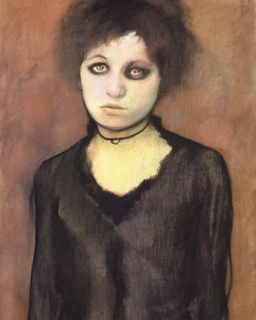 Prompt: A goth portrait painted by Edgar Degas. Her hair is dark brown and cut into a short, messy pixie cut. She has a slightly rounded face, with a pointed chin, large entirely-black eyes, and a small nose. She is wearing a black tank top, a black leather jacket, a black knee-length skirt, a black choker, and black leather boots.