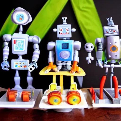 Image similar to three robots having a cool party birthday party, highly detailed