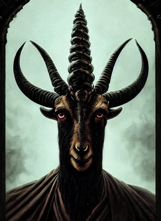 Image similar to elden ring themed orthodox baphomet goat icon tarot card portrait, piercing gaze, byzantine aesthetic, doom, religious, sinister, ornate, intricate, beautifully backlit, subtle tones, digital painting, concept art, smooth, sharp focus, illustration, art by josan gonzalez, greg rutkowski, killian eng and zdizslaw beksinski