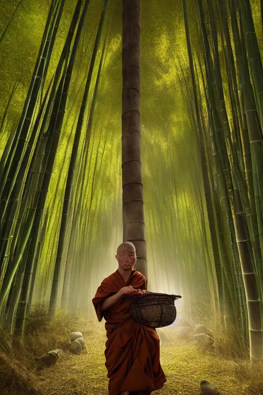 Image similar to a komuso monk wearing a straw basket worn on the head in a mysterious japanese bamboo forest with light shafts, atmospheric lighting, by greg rutkowski, ultra realistic, concept art, intricate details, highly detailed, photorealistic, octane render, 8 k, unreal engine