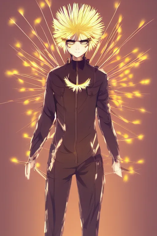 Image similar to amber glowing luminescent dandelion male anime character, symmetrical, highly detailed, digital art, sharp focus, trending on art station, amber eyes, autumnal colours