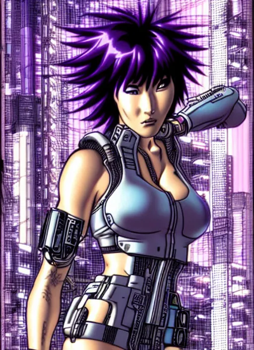 Image similar to motoko kusanagi in grungy cyberpunk megacity, intricate and finely detailed, cyberpunk vaporwave, portrait by j scott campbell