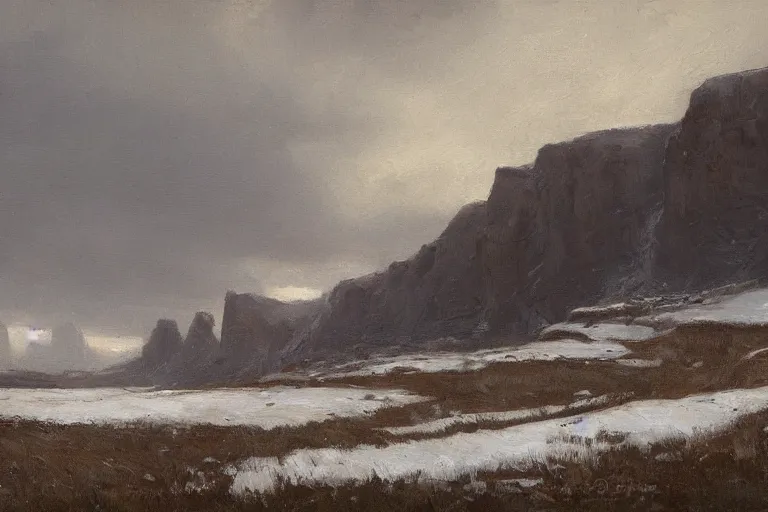 Prompt: Longhouse, snowy plains, cliffs to a lower bay. Pine palisade. history painting, morning light, Archaic viking blizzard, artstation, oil on canvas, by Albert Aublet, Private Collection