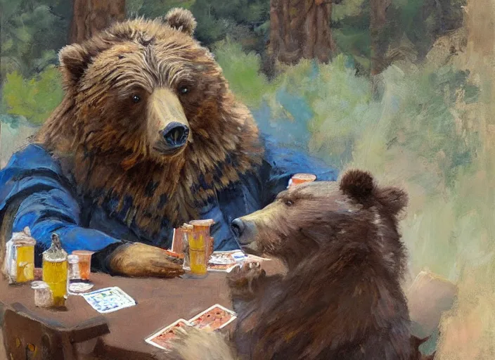 Prompt: a highly detailed beautiful portrait of a grizzly playing poker, by gregory manchess, james gurney, james jean