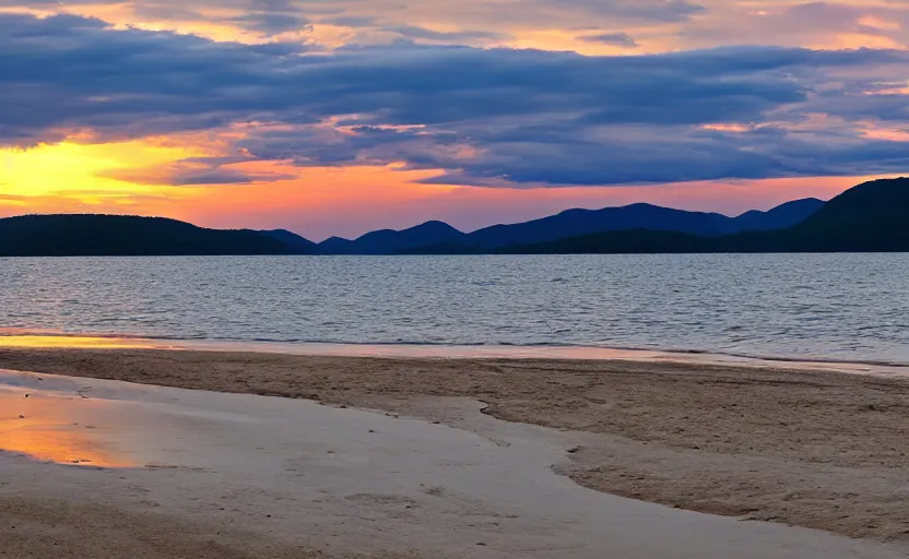 Prompt: a panoramic picture of agawa beach, sunset