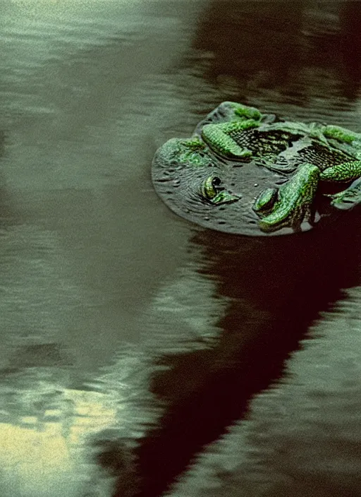 Prompt: “semitranslucent smiling frog amphibian vertically hovering over misty lake waters in Jesus Christ pose, low angle, long cinematic shot by Andrei Tarkovsky, paranormal, eerie, mystical”