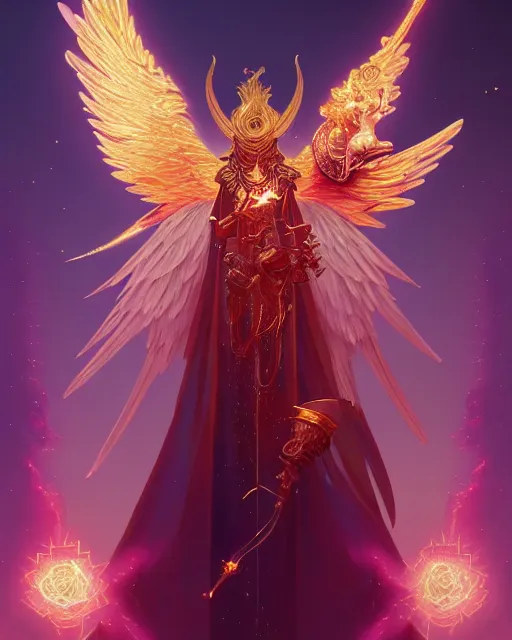 Prompt: character portrait of a male angel of justice with golden fiery wings, surrounded with spiriling sparkling rose crystals, by peter mohrbacher, hyper light drifter, jim burns, marina abramovic, wadim kashin, greg rutkowski, trending on artstation