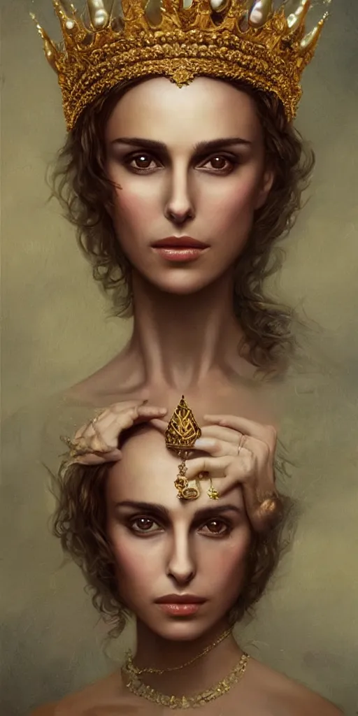 Prompt: Nathalie Portman with Gold Crown with iridescent pearls, jewels, other worldly, rococo, by Anato Finnstark, Tom Bagshaw, Brom