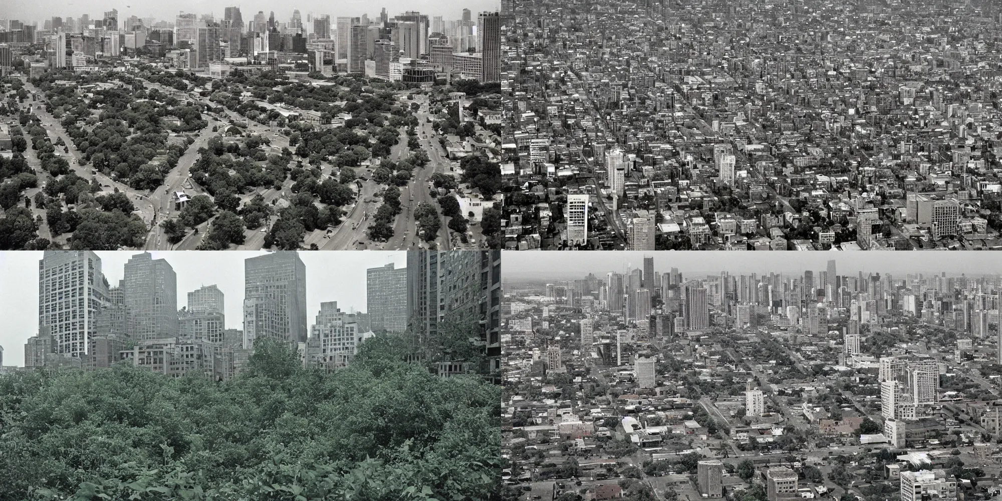 Prompt: overgrown american city in the late 90\'s, eye level shot