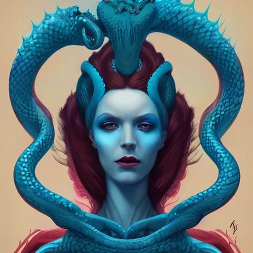 Prompt: queen of snakes, crown of snakes, blue skin, royal, by Anato Finnstark, Tom Bagshaw, Brom