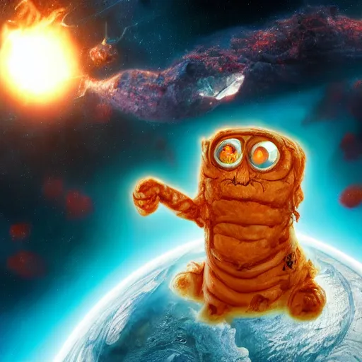 Image similar to eldritch horror bloody garfield in space, hd, 8 k, giant, epic, realistic photo, unreal engine, stars, prophecy, powerful, cinematic lighting, destroyed planet, debris, violent, sinister, ray tracing, dynamic, epic composition, dark, horrific, teeth, grotesque, monochrome drawing, hellscape