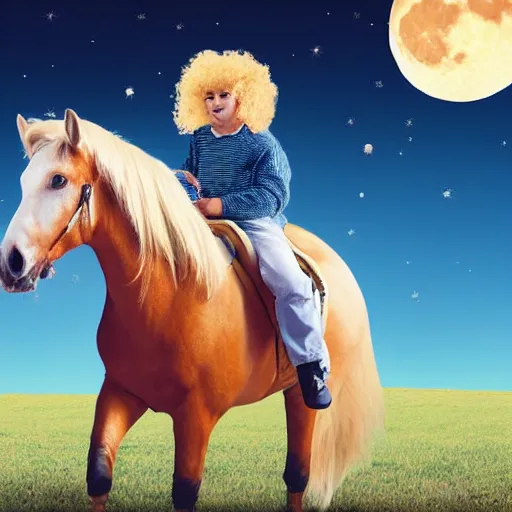 Image similar to matty matheson blonde hair riding a horse over the moon, photograph