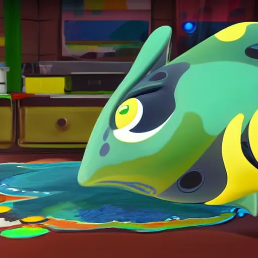 Image similar to a manta ray character who sells paints for splatoon by nintendo, in the calarts style, designed by nintendo, designed by pixar, cgi, professional, gaming